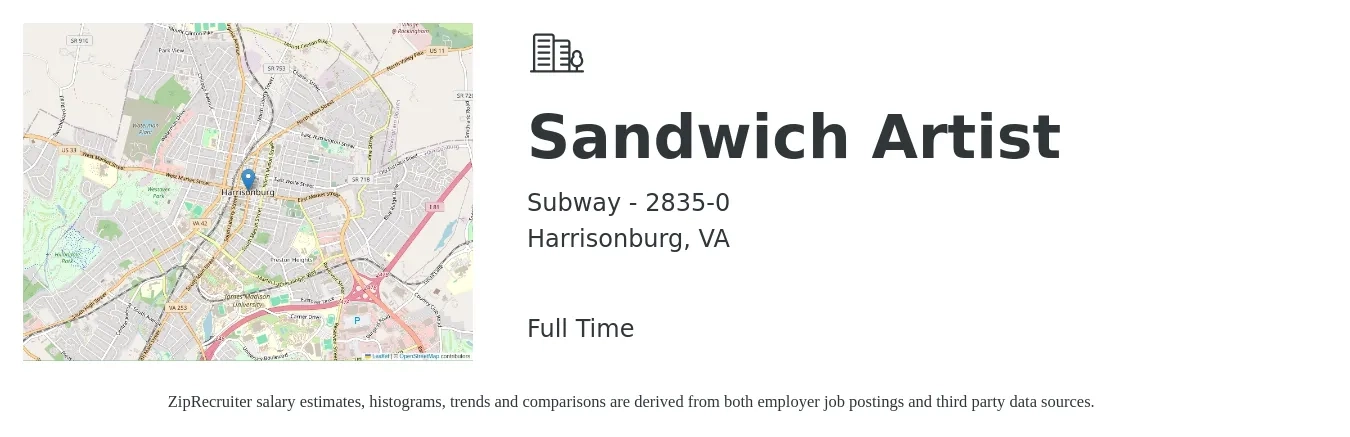 Subway - 2835-0 job posting for a Sandwich Artist in Harrisonburg, VA with a salary of $10 to $13 Hourly with a map of Harrisonburg location.