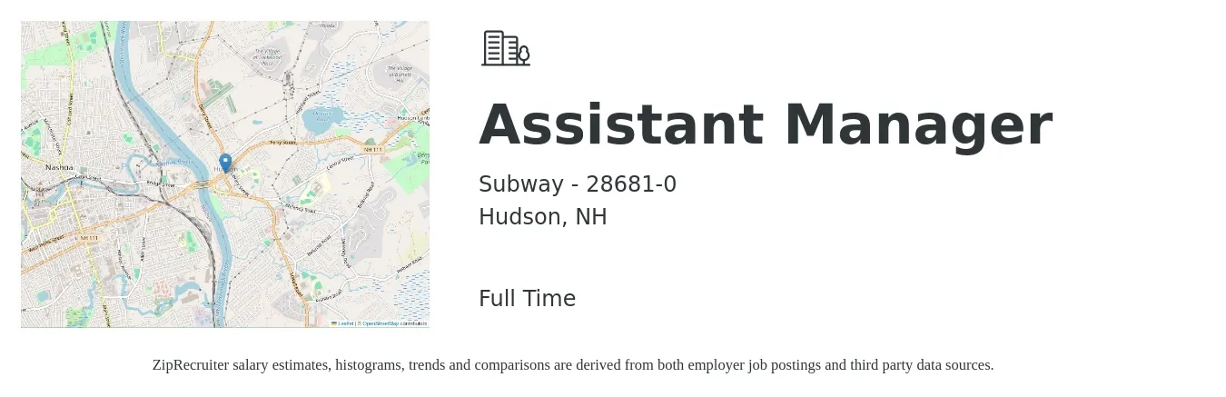 Subway - 28681-0 job posting for a Assistant Manager in Hudson, NH with a salary of $17 to $25 Hourly with a map of Hudson location.