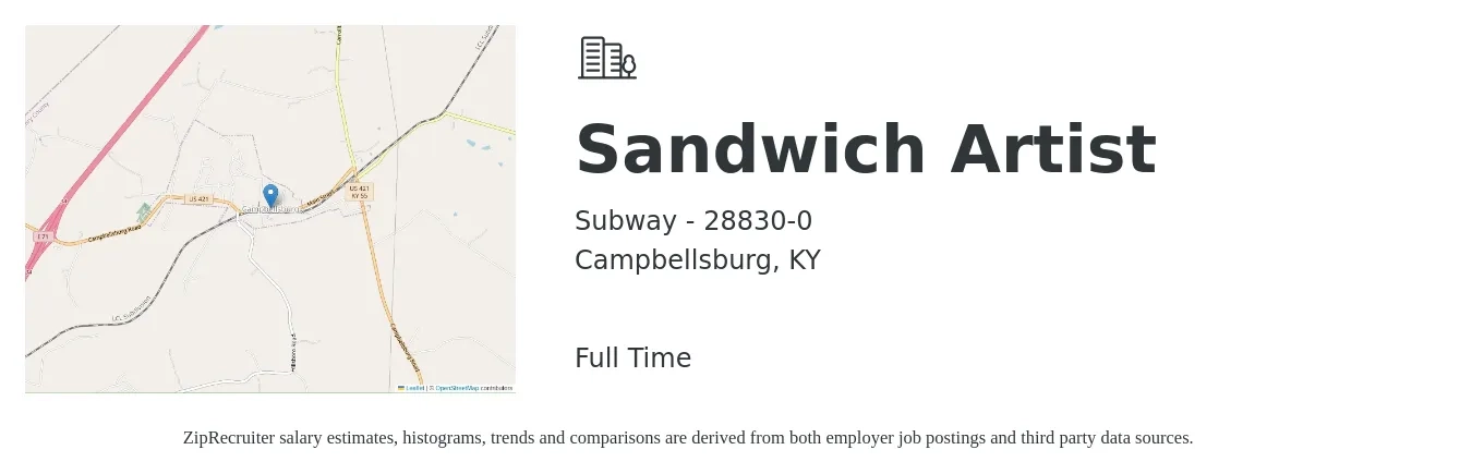 Subway - 28830-0 job posting for a Sandwich Artist in Campbellsburg, KY with a salary of $10 to $13 Hourly with a map of Campbellsburg location.