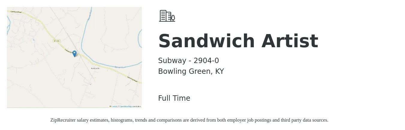 Subway - 2904-0 job posting for a Sandwich Artist in Bowling Green, KY with a salary of $11 to $14 Hourly with a map of Bowling Green location.