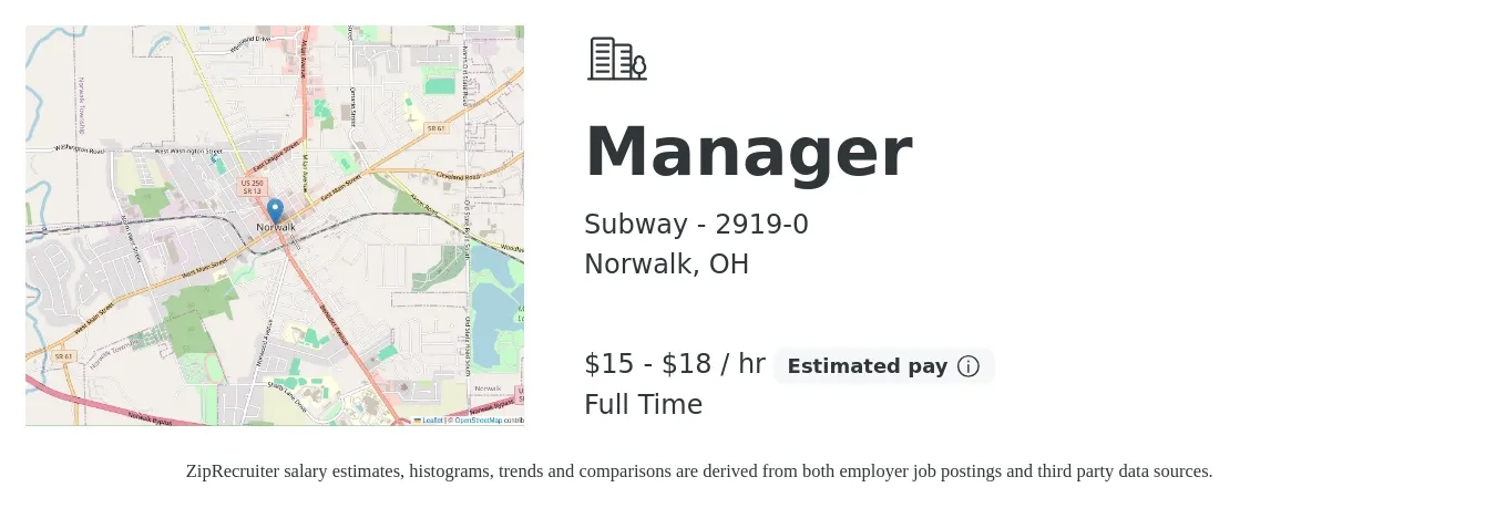 Subway - 2919-0 job posting for a Manager in Norwalk, OH with a salary of $16 to $19 Hourly with a map of Norwalk location.