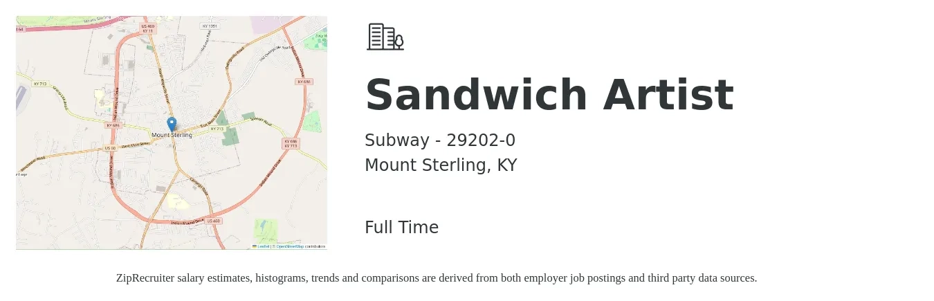 Subway - 29202-0 job posting for a Sandwich Artist in Mount Sterling, KY with a salary of $9 to $12 Hourly with a map of Mount Sterling location.