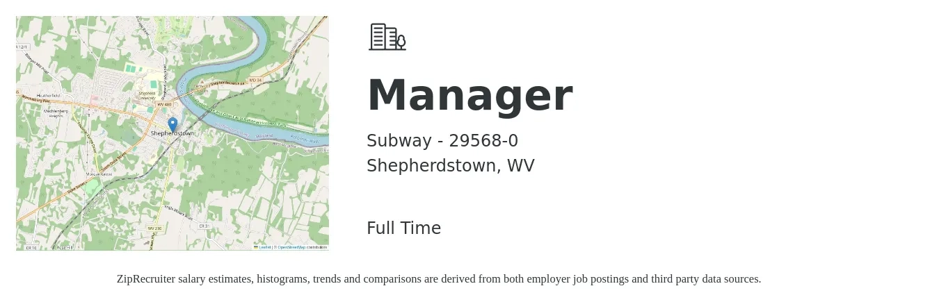 Subway - 29568-0 job posting for a Manager in Shepherdstown, WV with a salary of $32,000 to $48,400 Yearly with a map of Shepherdstown location.