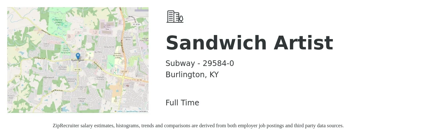 Subway - 29584-0 job posting for a Sandwich Artist in Burlington, KY with a salary of $10 to $13 Hourly with a map of Burlington location.
