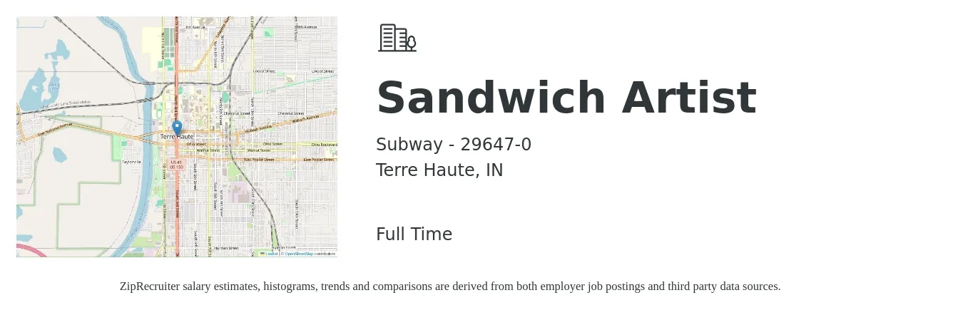 Subway - 29647-0 job posting for a Sandwich Artist in Terre Haute, IN with a salary of $11 to $13 Hourly with a map of Terre Haute location.