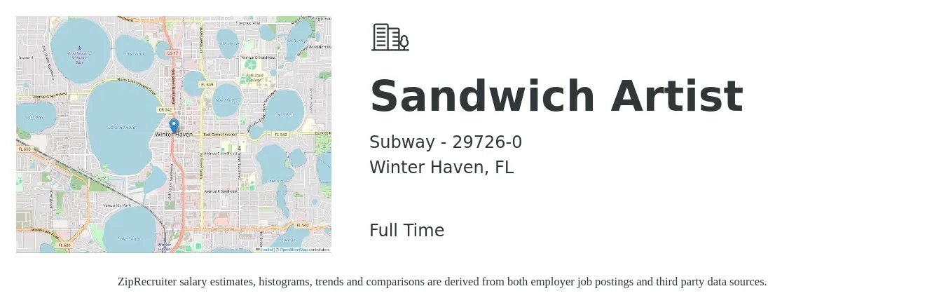 Subway - 29726-0 job posting for a Sandwich Artist in Winter Haven, FL with a salary of $10 to $12 Hourly with a map of Winter Haven location.