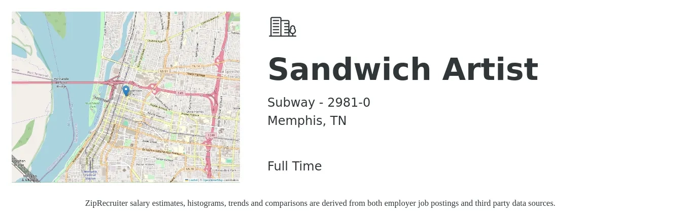 Subway - 2981-0 job posting for a Sandwich Artist in Memphis, TN with a salary of $10 to $12 Hourly with a map of Memphis location.