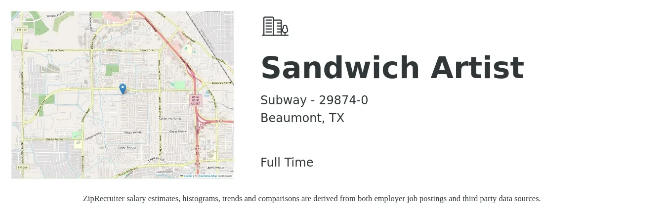 Subway - 29874-0 job posting for a Sandwich Artist in Beaumont, TX with a salary of $11 to $14 Hourly with a map of Beaumont location.