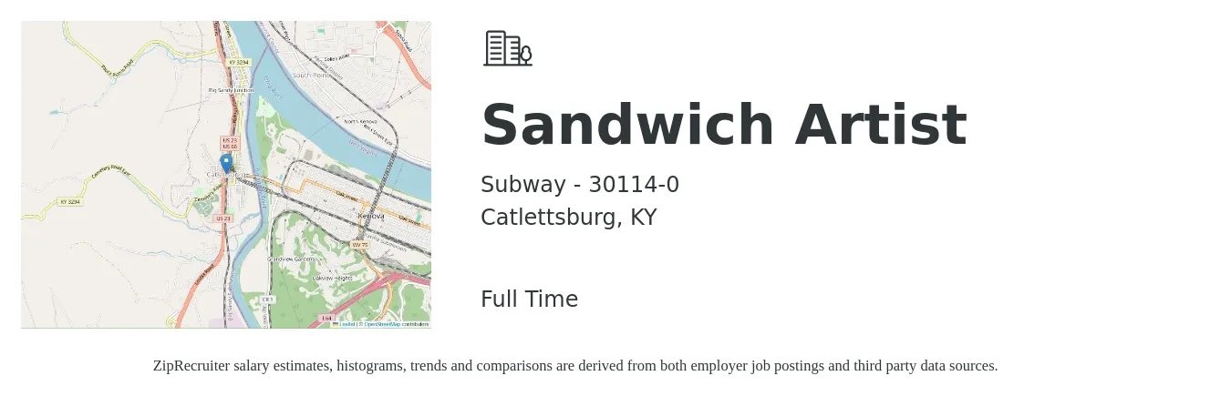 Subway - 30114-0 job posting for a Sandwich Artist in Catlettsburg, KY with a salary of $9 to $12 Hourly with a map of Catlettsburg location.