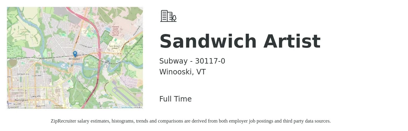Subway - 30117-0 job posting for a Sandwich Artist in Winooski, VT with a salary of $11 to $14 Hourly with a map of Winooski location.