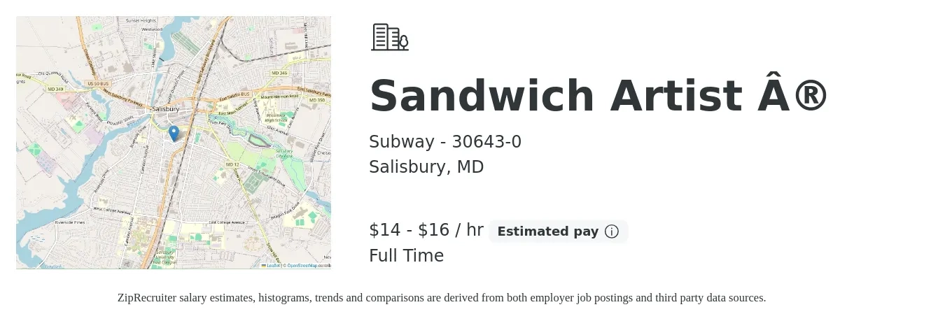 Subway - 30643-0 job posting for a Sandwich Artist ® in Salisbury, MD with a salary of $15 to $17 Hourly with a map of Salisbury location.