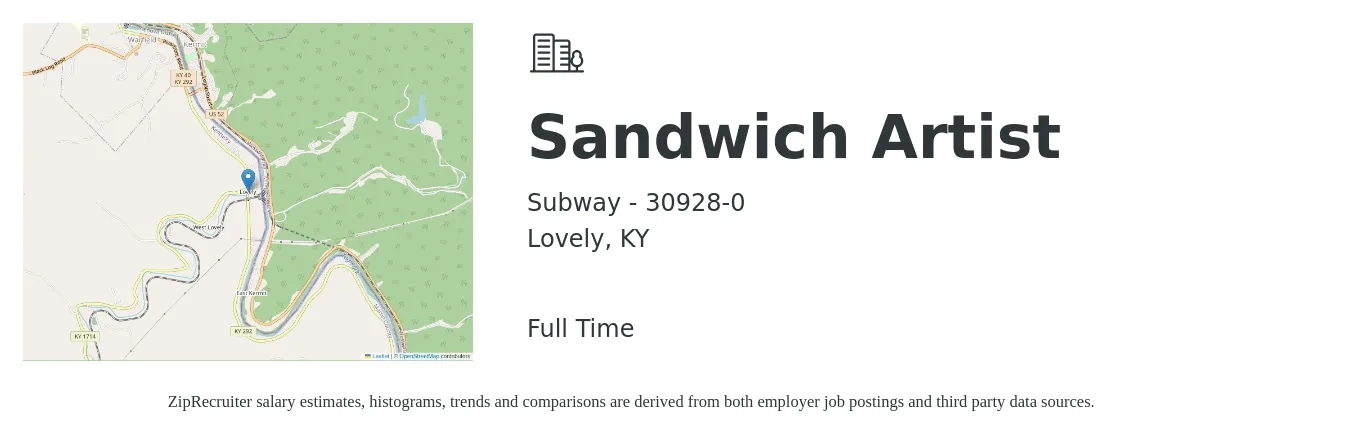 Subway - 30928-0 job posting for a Sandwich Artist in Lovely, KY with a salary of $12 to $14 Hourly with a map of Lovely location.