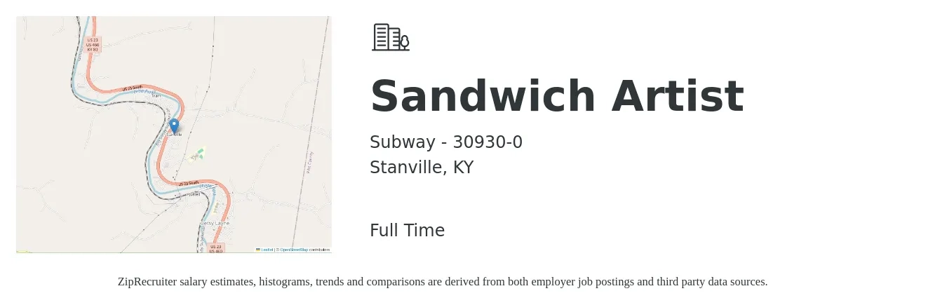 Subway - 30930-0 job posting for a Sandwich Artist in Stanville, KY with a salary of $11 to $14 Hourly with a map of Stanville location.