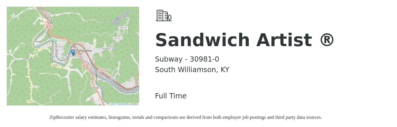 Subway - 30981-0 job posting for a Sandwich Artist ® in South Williamson, KY with a salary of $10 to $13 Hourly with a map of South Williamson location.