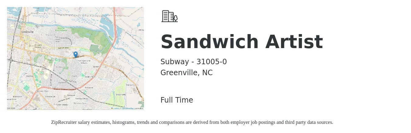 Subway - 31005-0 job posting for a Sandwich Artist in Greenville, NC with a salary of $10 to $12 Hourly with a map of Greenville location.