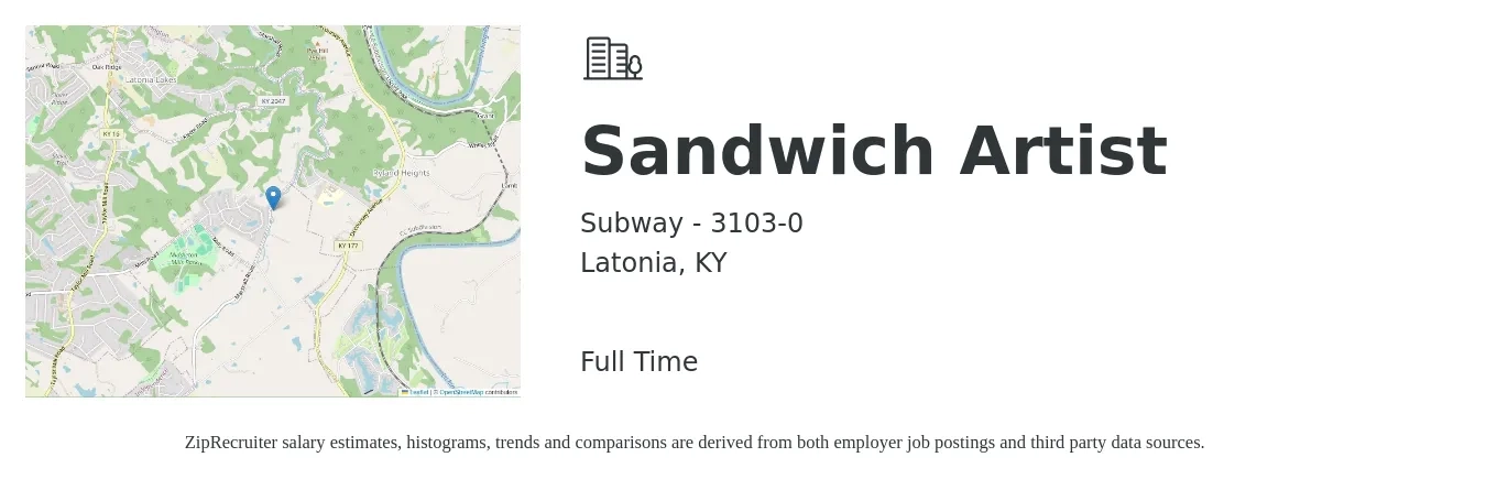 Subway - 3103-0 job posting for a Sandwich Artist in Latonia, KY with a salary of $11 to $14 Hourly with a map of Latonia location.