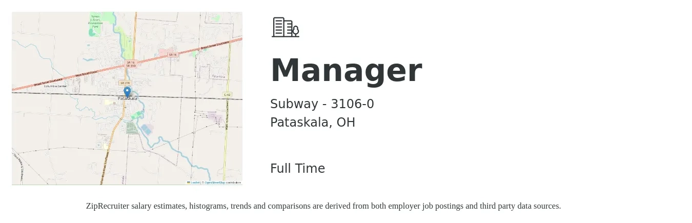 Subway - 3106-0 job posting for a Manager in Pataskala, OH with a salary of $38,400 to $58,200 Yearly with a map of Pataskala location.