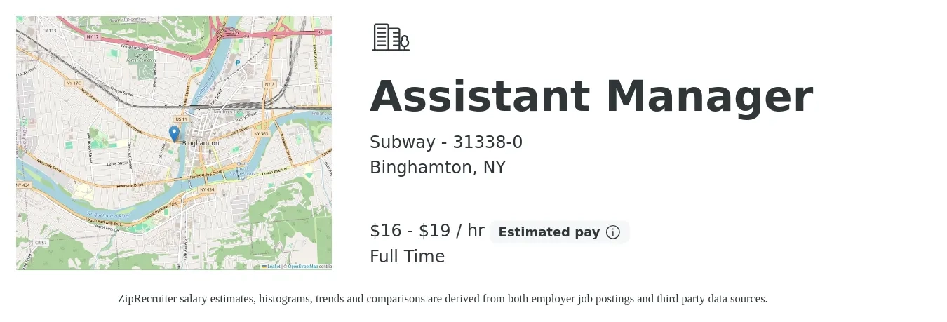 Subway - 31338-0 job posting for a Assistant Manager in Binghamton, NY with a salary of $17 to $20 Hourly with a map of Binghamton location.