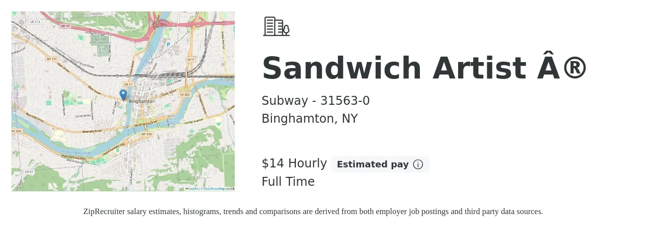 Subway - 31563-0 job posting for a Sandwich Artist ® in Binghamton, NY with a salary of $15 Hourly with a map of Binghamton location.