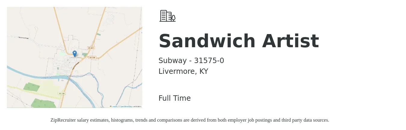 Subway - 31575-0 job posting for a Sandwich Artist in Livermore, KY with a salary of $11 to $14 Hourly with a map of Livermore location.