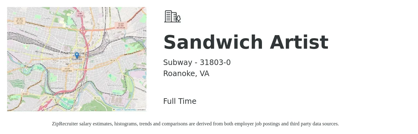 Subway - 31803-0 job posting for a Sandwich Artist in Roanoke, VA with a salary of $11 to $14 Hourly with a map of Roanoke location.