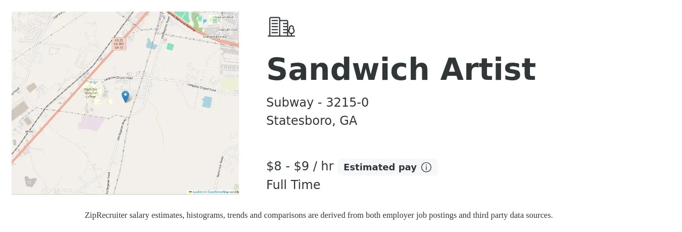 Subway - 3215-0 job posting for a Sandwich Artist in Statesboro, GA with a salary of $9 to $10 Hourly with a map of Statesboro location.
