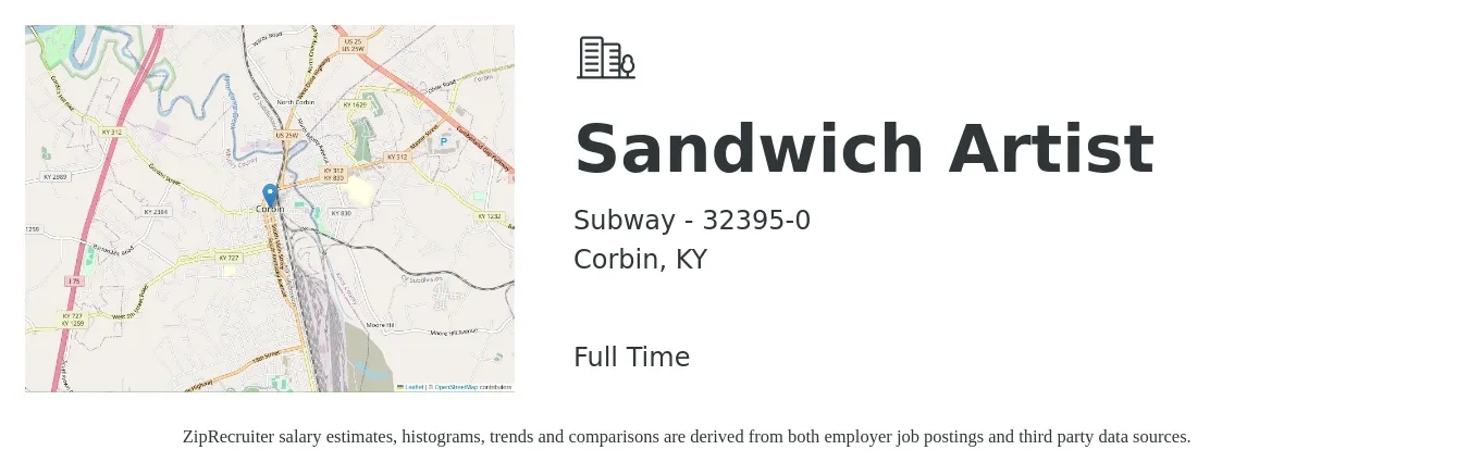 Subway - 32395-0 job posting for a Sandwich Artist in Corbin, KY with a salary of $11 to $14 Hourly with a map of Corbin location.