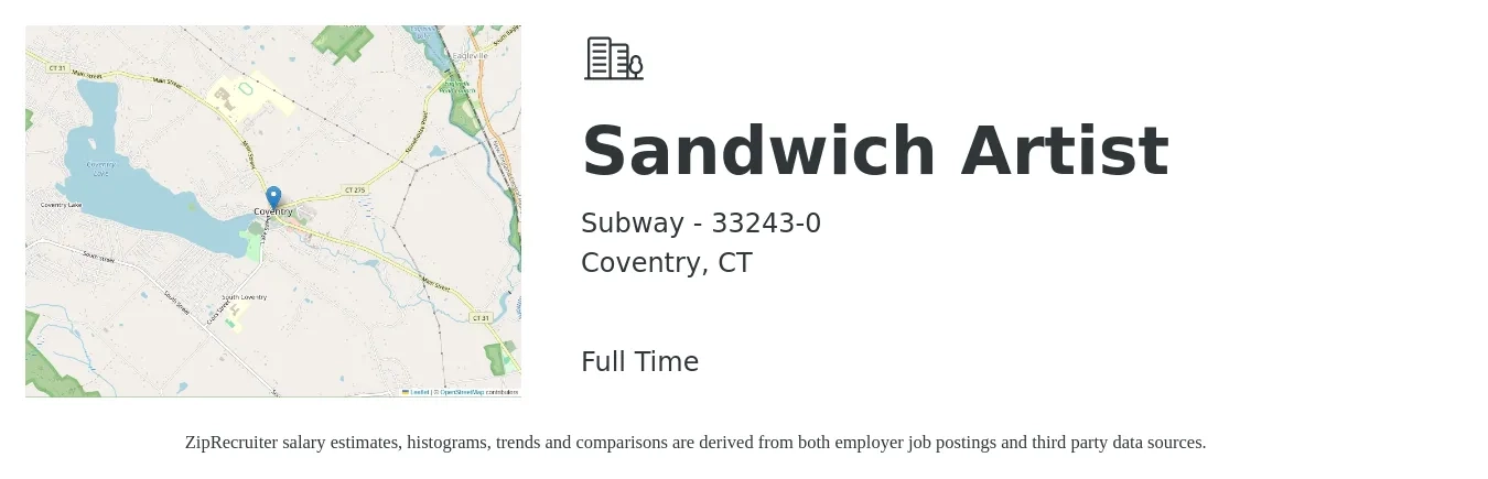 Subway - 33243-0 job posting for a Sandwich Artist in Coventry, CT with a salary of $11 to $14 Hourly with a map of Coventry location.