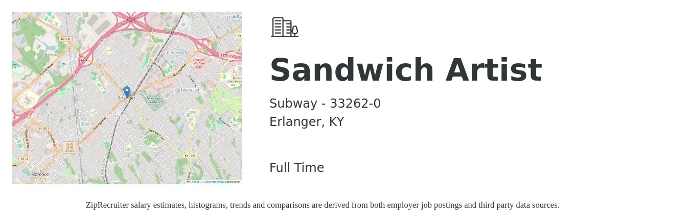 Subway - 33262-0 job posting for a Sandwich Artist in Erlanger, KY with a salary of $11 to $14 Hourly with a map of Erlanger location.
