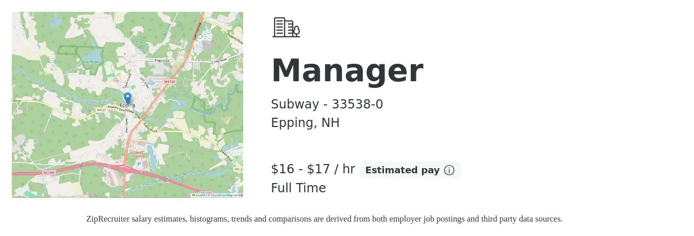 Subway - 33538-0 job posting for a Manager in Epping, NH with a salary of $17 to $18 Hourly with a map of Epping location.
