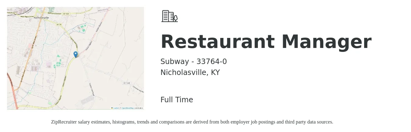 Subway - 33764-0 job posting for a Restaurant Manager in Nicholasville, KY with a salary of $39,800 to $56,100 Yearly with a map of Nicholasville location.