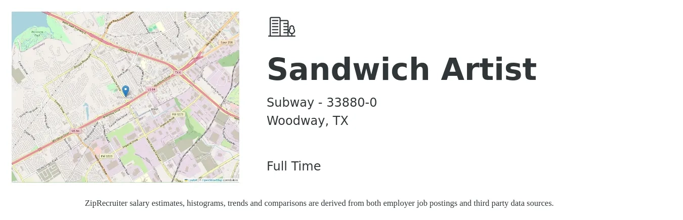 Subway - 33880-0 job posting for a Sandwich Artist ® in Woodway, TX with a salary of $10 to $12 Hourly with a map of Woodway location.