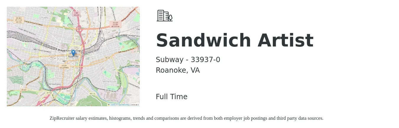 Subway - 33937-0 job posting for a Sandwich Artist in Roanoke, VA with a salary of $10 to $12 Hourly with a map of Roanoke location.