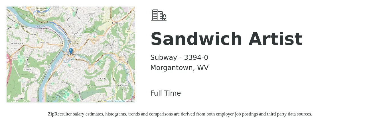 Subway - 3394-0 job posting for a Sandwich Artist in Morgantown, WV with a salary of $12 to $14 Hourly with a map of Morgantown location.