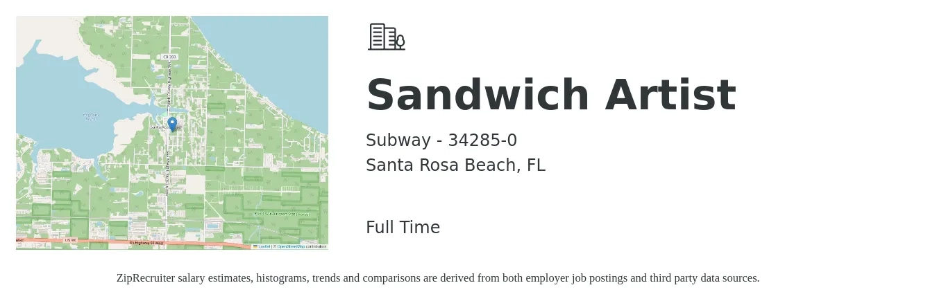 Subway - 34285-0 job posting for a Sandwich Artist in Santa Rosa Beach, FL with a salary of $10 to $13 Hourly with a map of Santa Rosa Beach location.