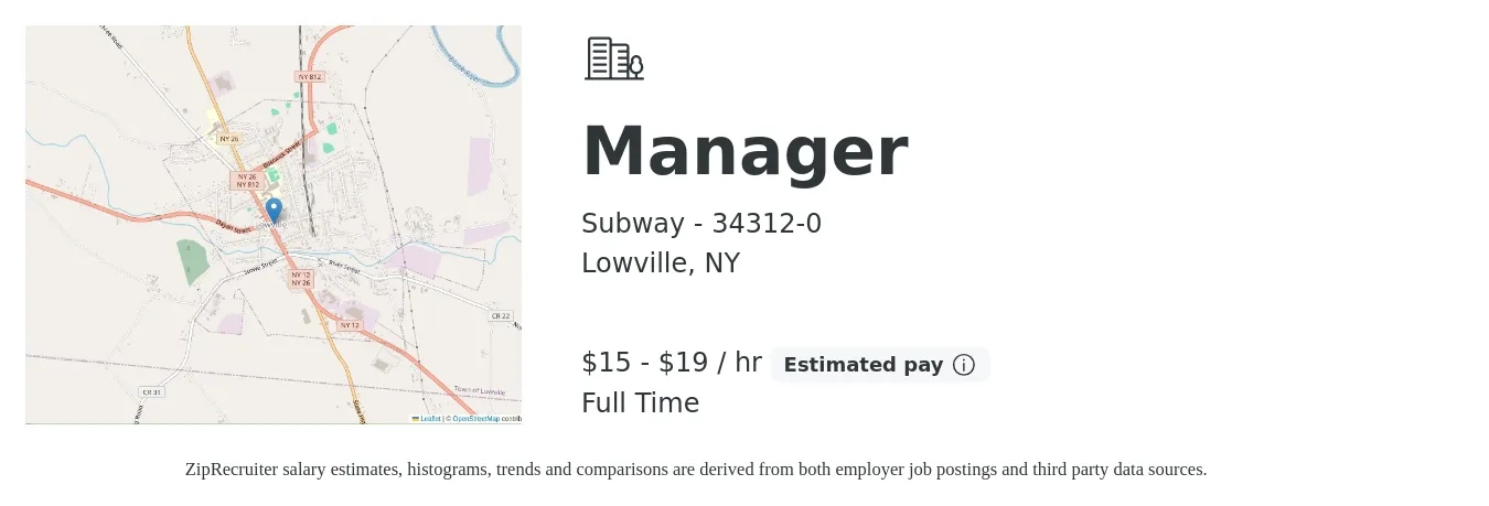 Subway - 34312-0 job posting for a Manager in Lowville, NY with a salary of $16 to $20 Hourly with a map of Lowville location.
