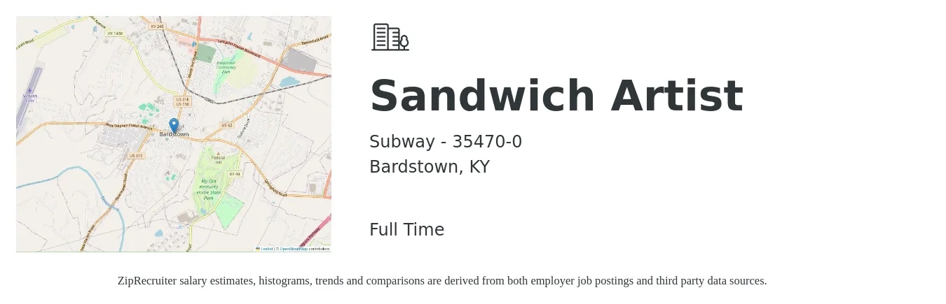 Subway - 35470-0 job posting for a Sandwich Artist in Bardstown, KY with a salary of $10 to $12 Hourly with a map of Bardstown location.
