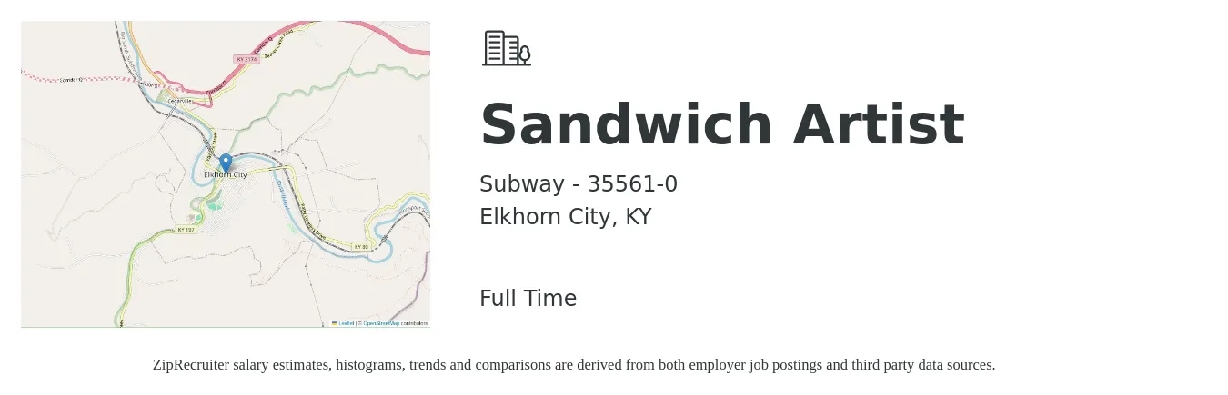 Subway - 35561-0 job posting for a Sandwich Artist in Elkhorn City, KY with a salary of $10 to $13 Hourly with a map of Elkhorn City location.