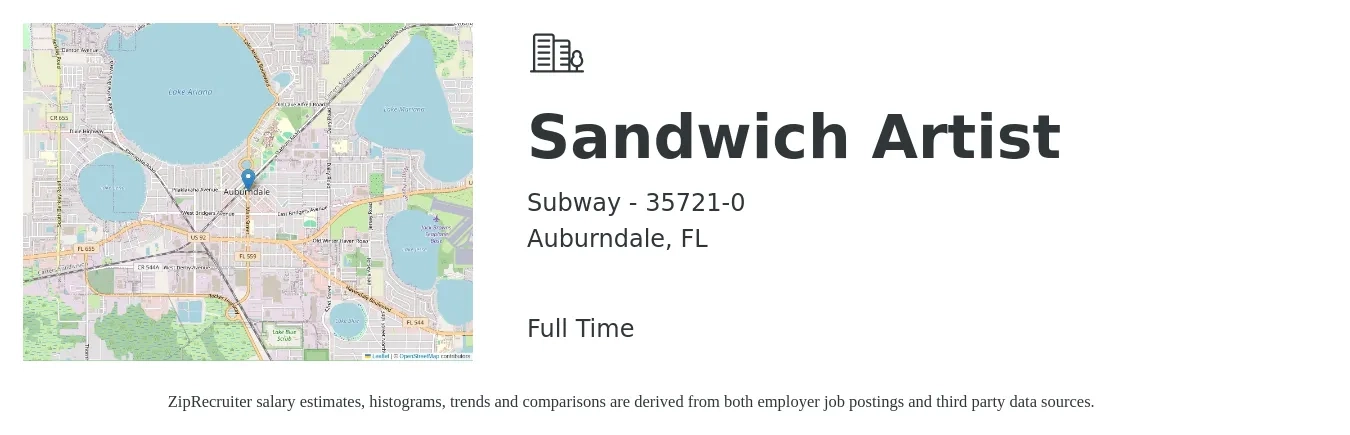 Subway - 35721-0 job posting for a Sandwich Artist in Auburndale, FL with a salary of $10 to $12 Hourly with a map of Auburndale location.