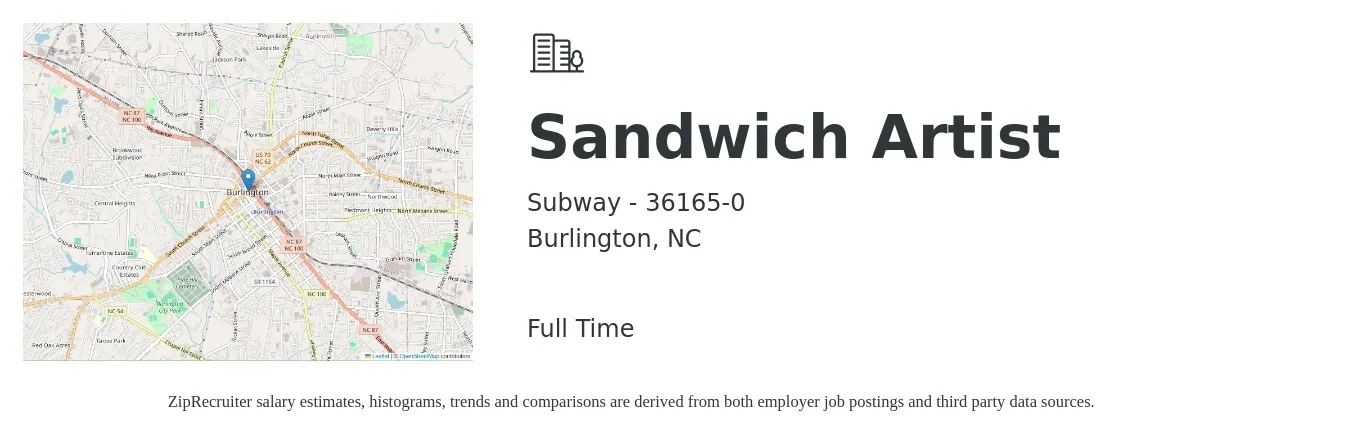 Subway - 36165-0 job posting for a Sandwich Artist in Burlington, NC with a salary of $10 to $12 Hourly with a map of Burlington location.