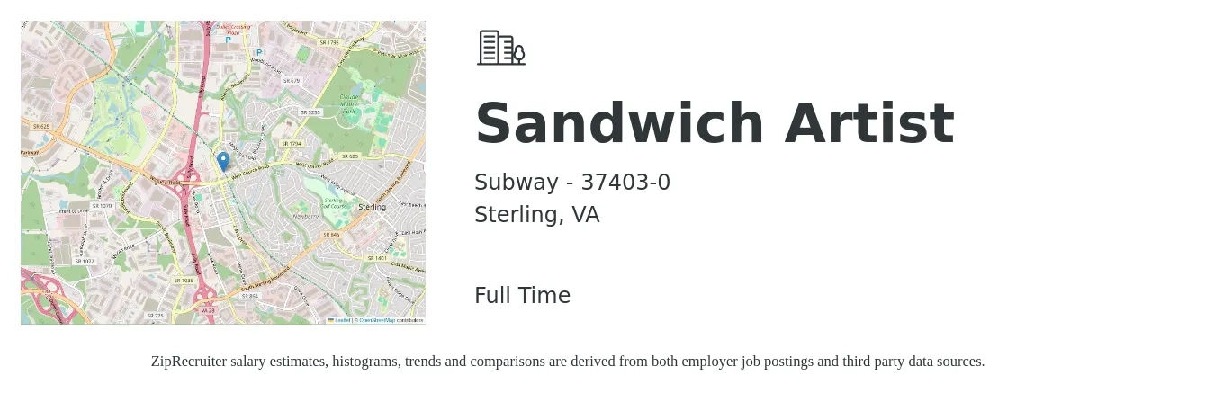 Subway - 37403-0 job posting for a Sandwich Artist in Sterling, VA with a salary of $11 to $14 Hourly with a map of Sterling location.