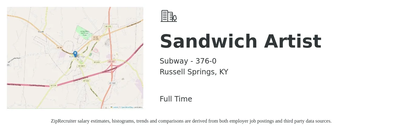 Subway - 376-0 job posting for a Sandwich Artist in Russell Springs, KY with a salary of $10 to $12 Hourly with a map of Russell Springs location.