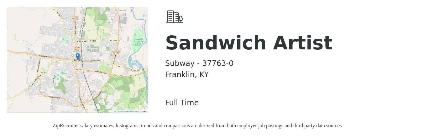 Subway - 37763-0 job posting for a Sandwich Artist in Franklin, KY with a salary of $10 to $12 Hourly with a map of Franklin location.