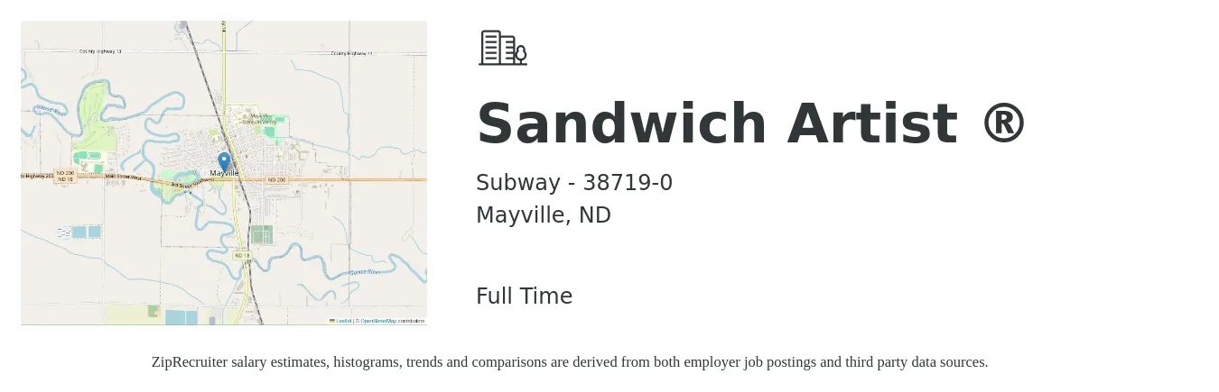 Subway - 38719-0 job posting for a Sandwich Artist in Mayville, ND with a salary of $11 to $14 Hourly with a map of Mayville location.