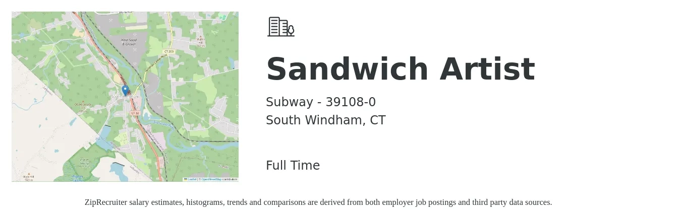 Subway - 39108-0 job posting for a Sandwich Artist in South Windham, CT with a salary of $11 to $13 Hourly with a map of South Windham location.