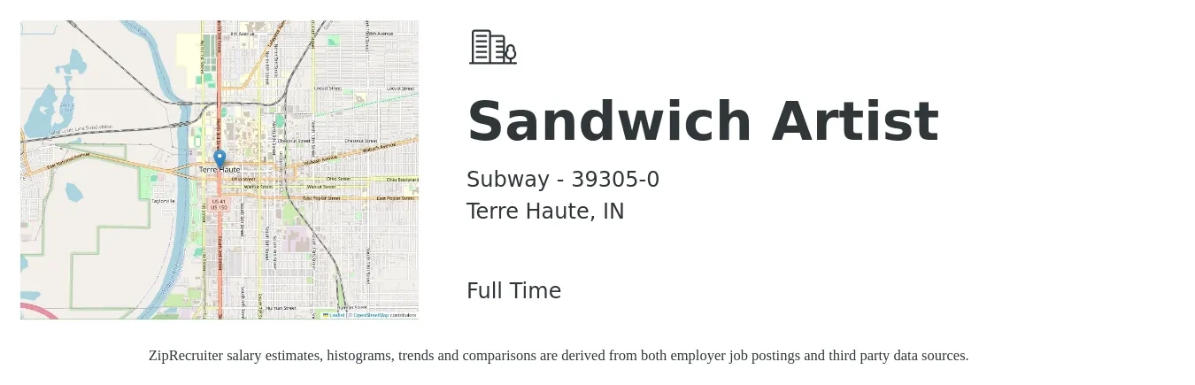 Subway - 39305-0 job posting for a Sandwich Artist in Terre Haute, IN with a salary of $11 to $13 Hourly with a map of Terre Haute location.