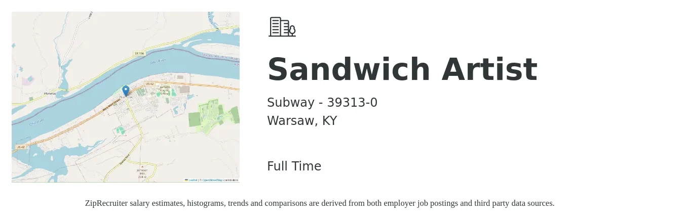 Subway - 39313-0 job posting for a Sandwich Artist in Warsaw, KY with a salary of $10 to $13 Hourly with a map of Warsaw location.