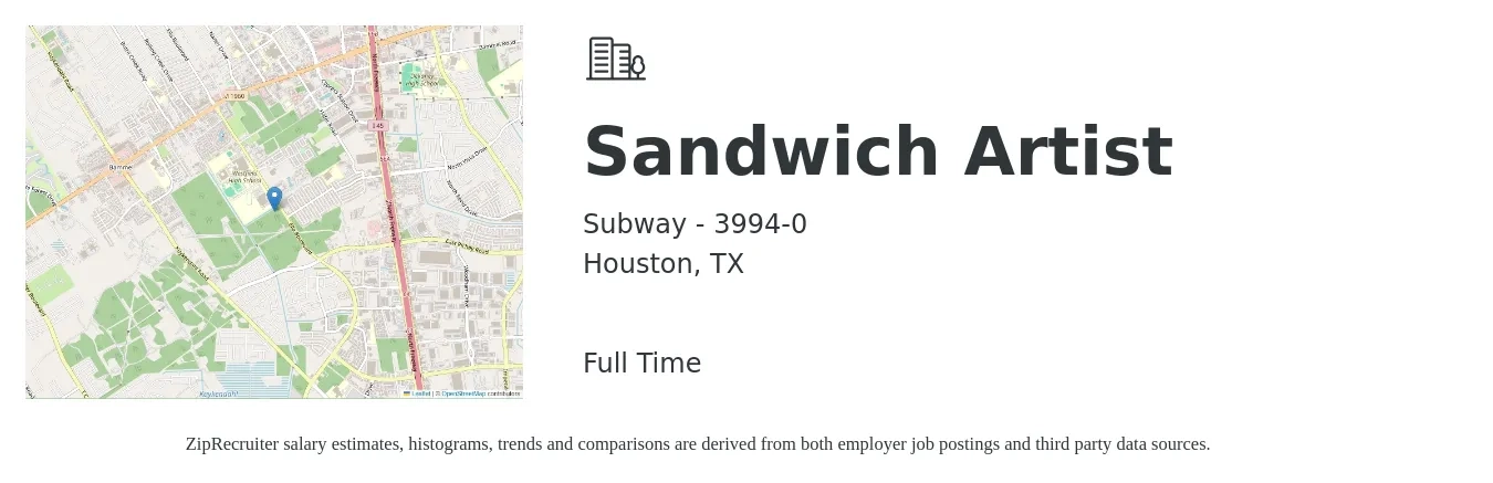 Subway - 3994-0 job posting for a Sandwich Artist in Houston, TX with a salary of $10 to $13 Hourly with a map of Houston location.