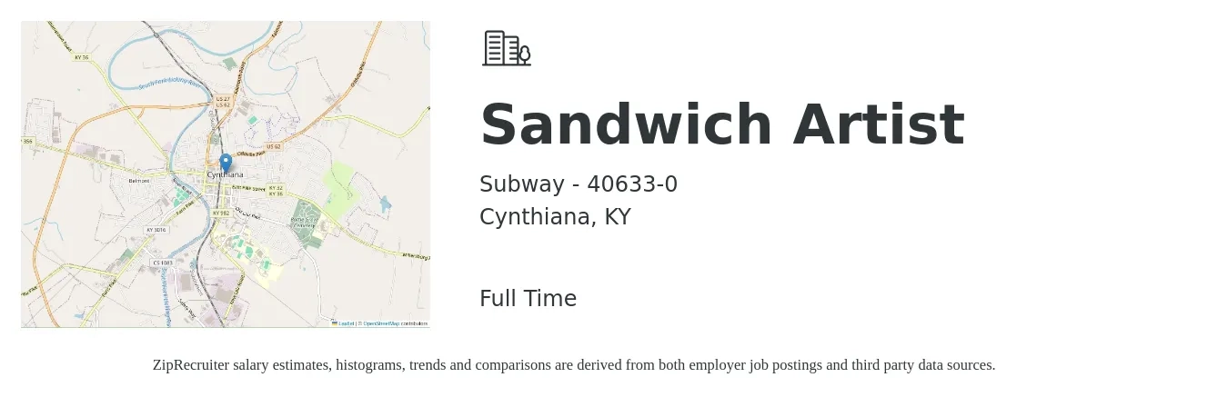Subway - 40633-0 job posting for a Sandwich Artist in Cynthiana, KY with a salary of $10 to $13 Hourly with a map of Cynthiana location.