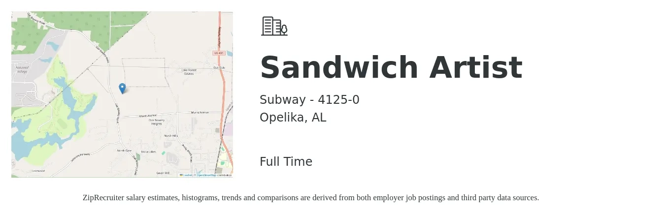 Subway - 4125-0 job posting for a Sandwich Artist in Opelika, AL with a salary of $10 to $12 Hourly with a map of Opelika location.